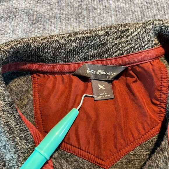 Eddie‎ Bauer Mens L Gray Pullover Fleece Button Mock Neck Pocket Sweater - Picture 3 of 9